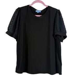 CeCe Black Puff Sleeve Blouse Womens Large Swiss Dot Sleeve